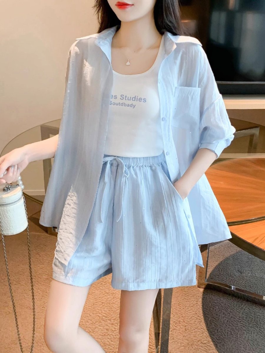 小香风洋气三件套防晒衫短裤套装